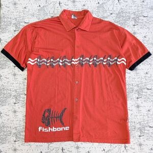 Vintage Y2K Fishbone Orange Graphic Men's Casual Button Up Shirt Size XL